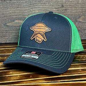 Alien Abduction patch - Grey/Neon Green Mesh Richardson Snapback Hat - Leather Patch Baseball Cap