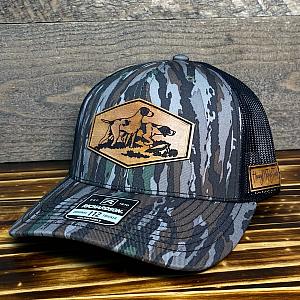 Hunting Dogs Patch Hat - BottomLand Camo/Black Mesh Richardson Snapback Hat - Leather Patch Baseball Cap