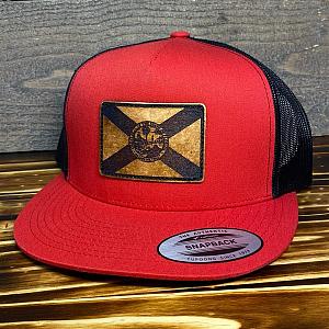 Florida Flag Flat Bill - Red/Black Mesh Yupoong Snapback Hat - Leather Patch Baseball Cap