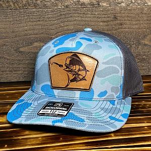 Dolphin(Mahi) Patch - SaltWater Camo/Grey Mesh Richardson Snapback Hat - Leather Patch Baseball Cap