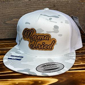Mama Tried Flat Bill - Alpine Camo/White Mesh Yupoong Snapback Hat - Leather Patch Baseball Cap