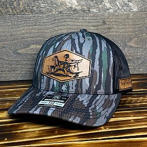 Hunting Dog Patch Hat - BottomLand Camo/Black Mesh Richardson Snapback Hat - Leather Patch Baseball Cap
