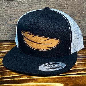 Feather Flat Bill - Black/White Mesh Yupoong Snapback Hat - Leather Patch Baseball Cap