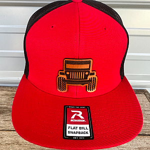 Jeep Flat Bill - RED Richardson Snapback Hat - Leather Patch Baseball Cap