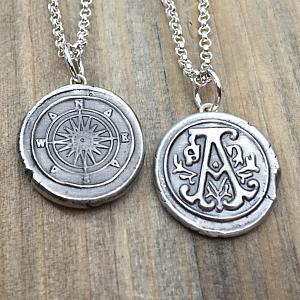 Reversible Charm - Letter and Compass Wax Seal Pendant Necklace - Silver